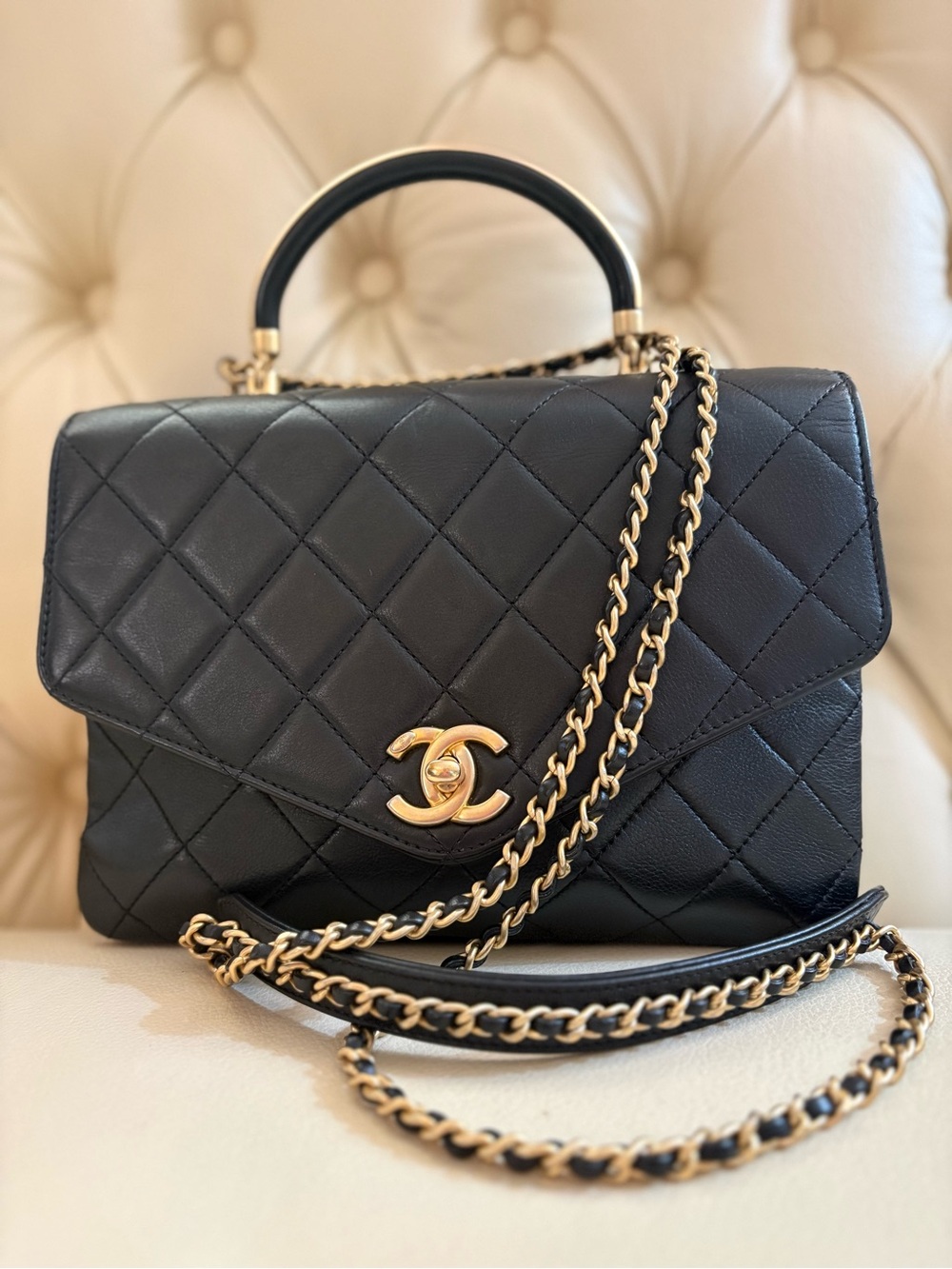 CHANEL Calfskin Quilted Metal Top Handle Envelope Flap Black